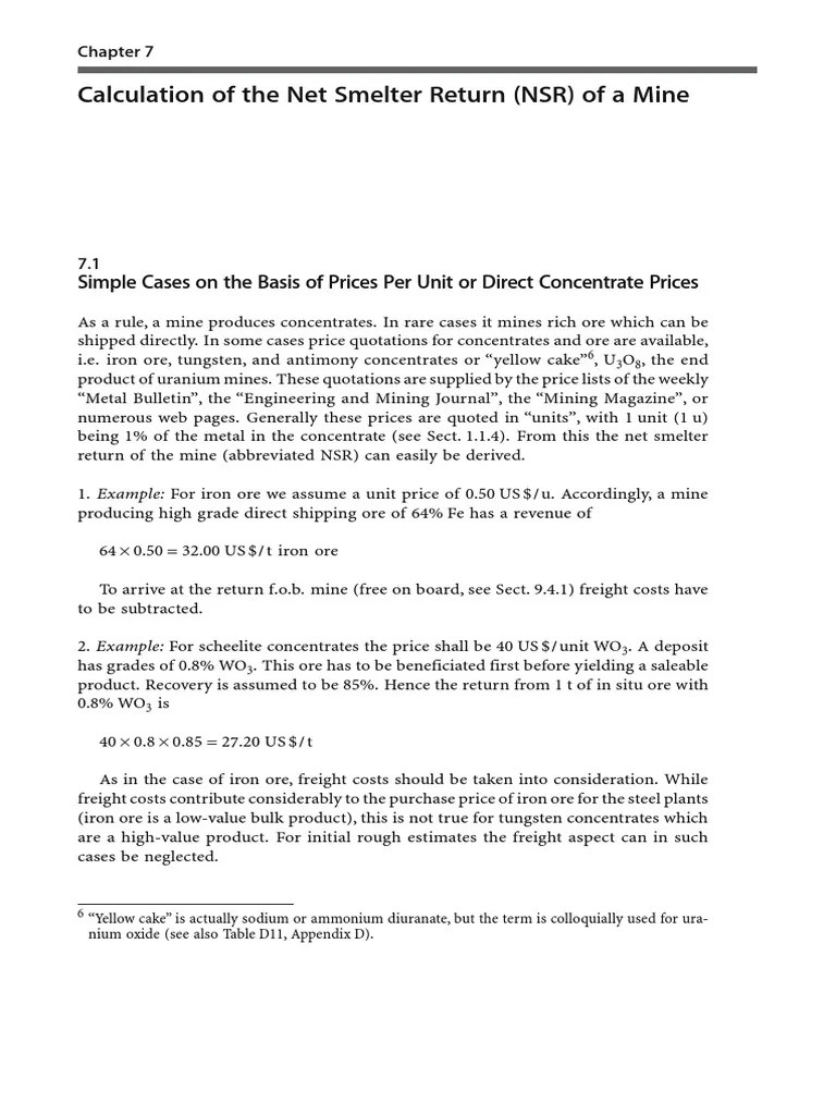 Chapter 7 Calculation of The Net Smelter Return (NSR) of A Mine PDF