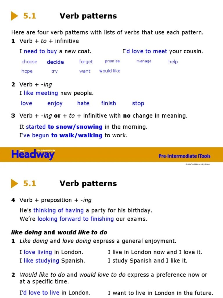 Verb Patterns Here Are Four Verb Patterns With Lists of Verbs That Use