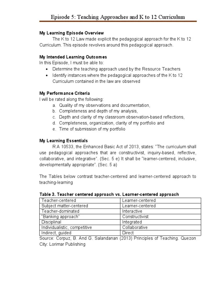 FS 2 Episode 5 Teaching Approaches and The K To 12 Curriculum PDF