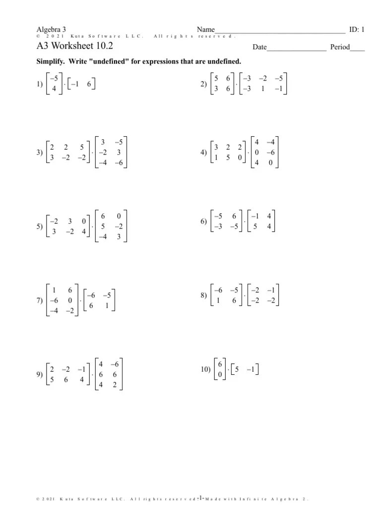 A3 Worksheet 10.2 Matrix Multiplication | Pdf | Algebra | Linear Algebra