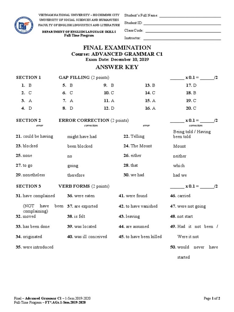 Final Examination Answer Key: Course: Advanced Grammar C1 | PDF