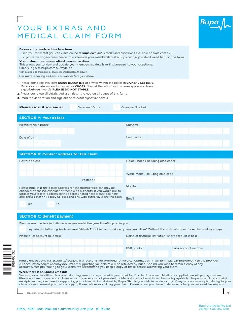 BUPA ClaimForm PDF Receipt Insurance