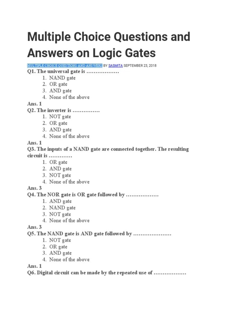 Logic Gates MCQS Type Q/A PDF Logic Gate Electronic Engineering