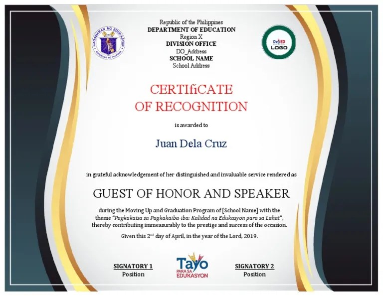 Certificate of Recognition For Guest of Honor and Speaker Template 1 PDF