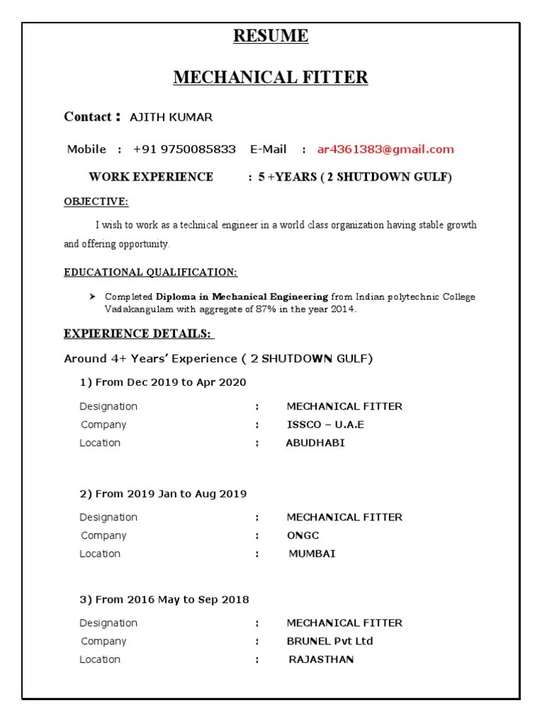 Ajith Kumar Mechanical Fitter PDF Hydraulics Mechanical Engineering