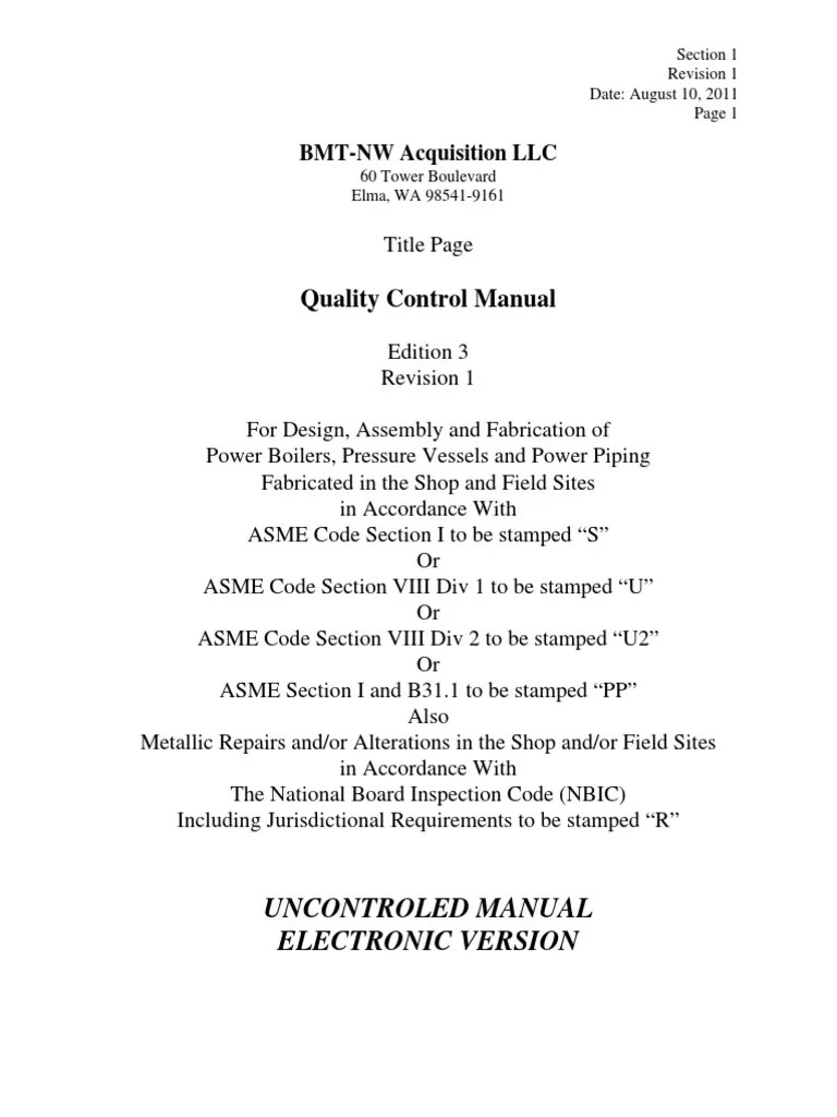 Sample ASME QC Manual For U, U2, S&PP PDF Calibration Nondestructive Testing