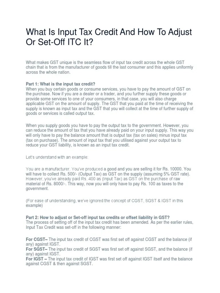 What Is Input Tax Credit and How To Adjust or SetOff ITC It? PDF