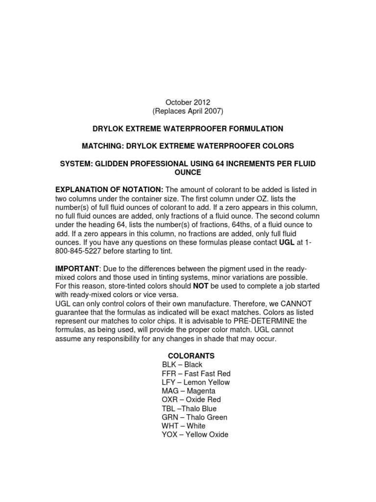 Glidden Professional DRYLOK Extreme Waterproofer Formula Sheets PDF