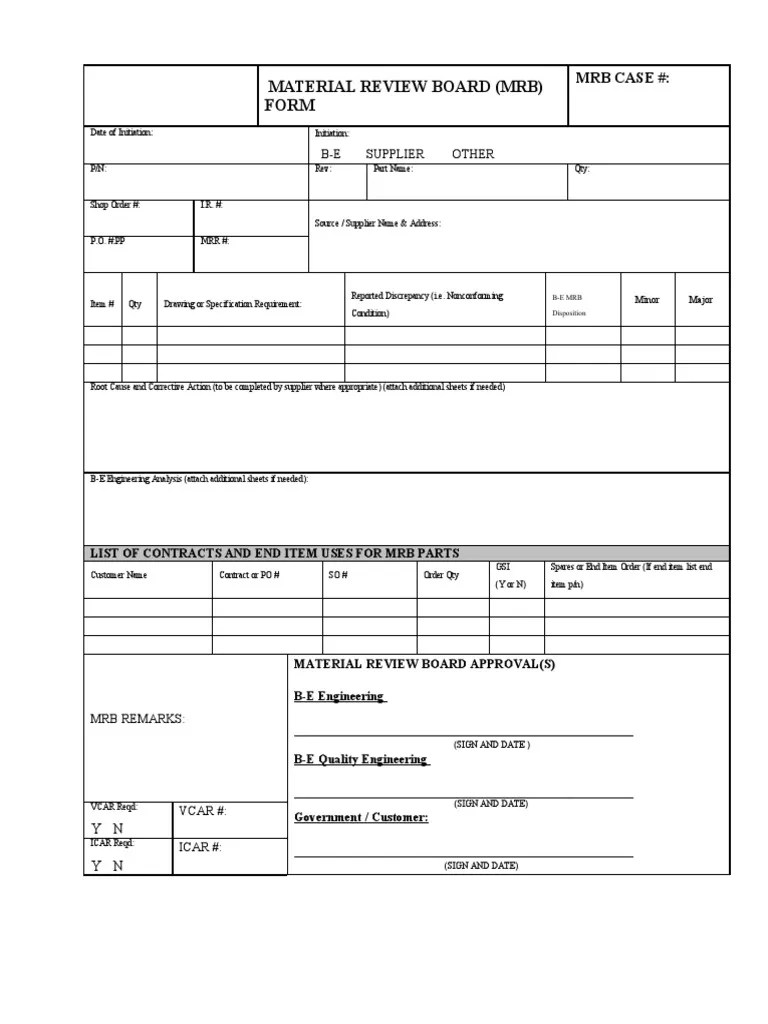 Material Review Board (MRB) Form BE Supplier Other PDF Business