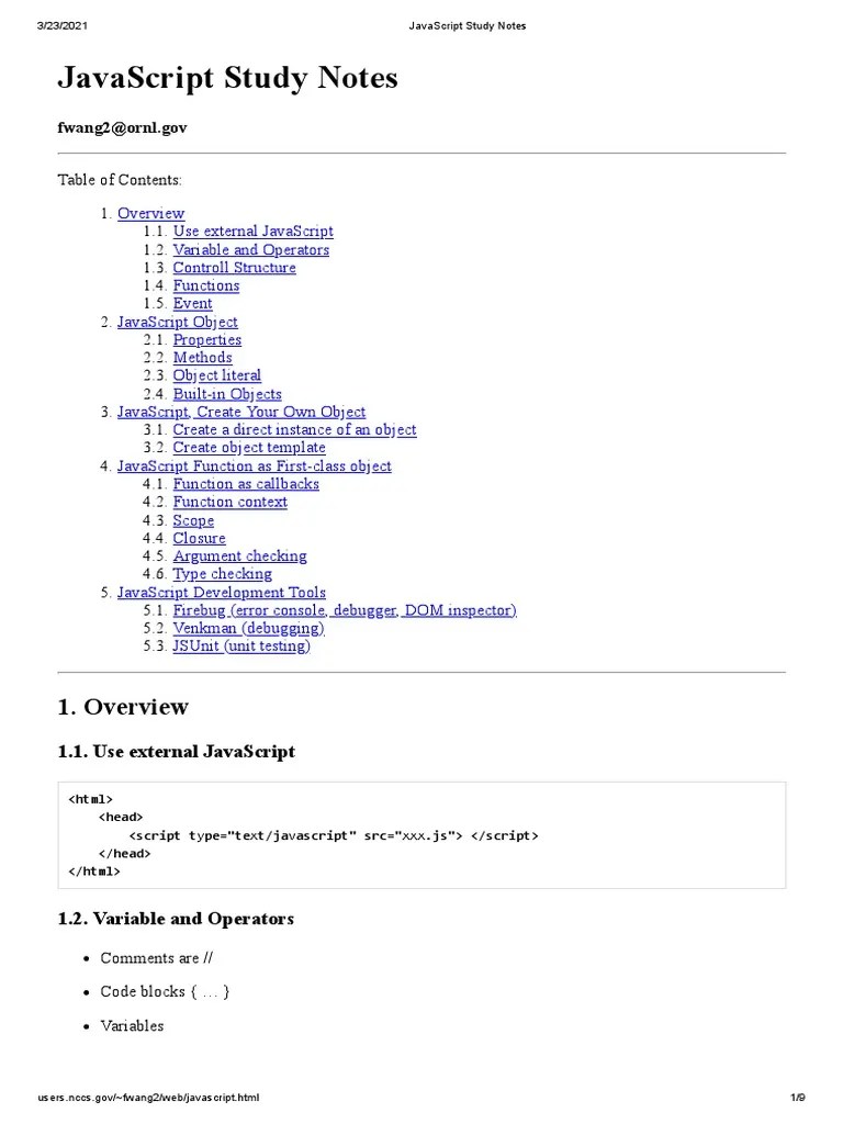 JavaScript Study Notes PDF Scope Science) Java Script