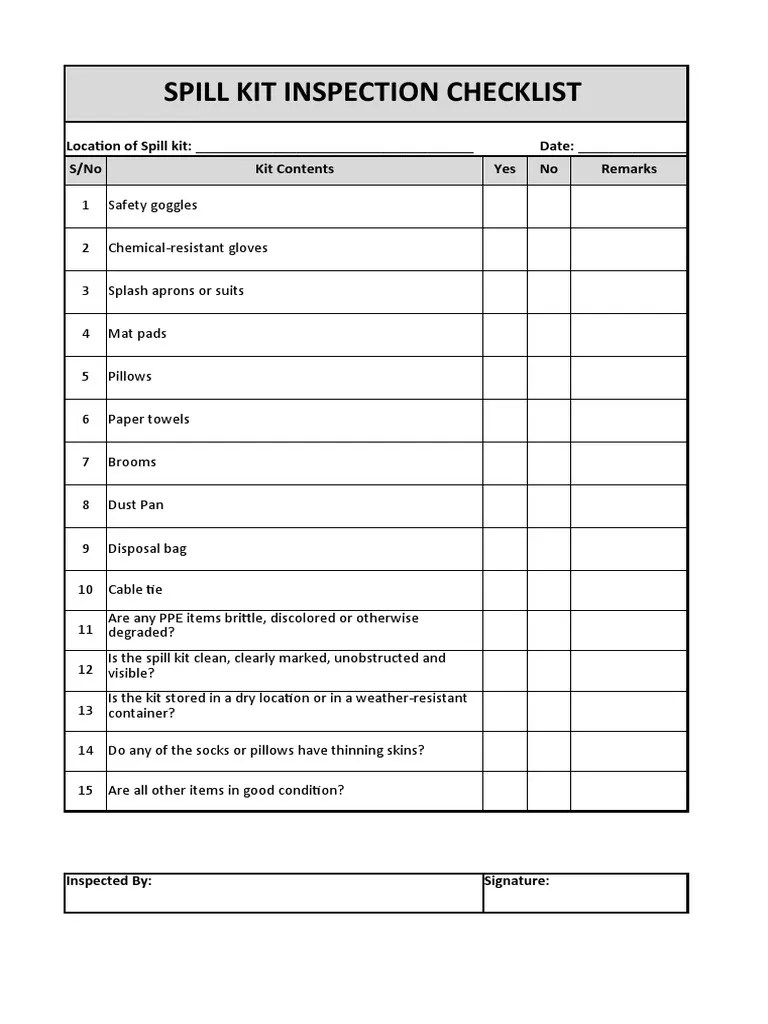 Spill Kit Inspection Checklist PDF