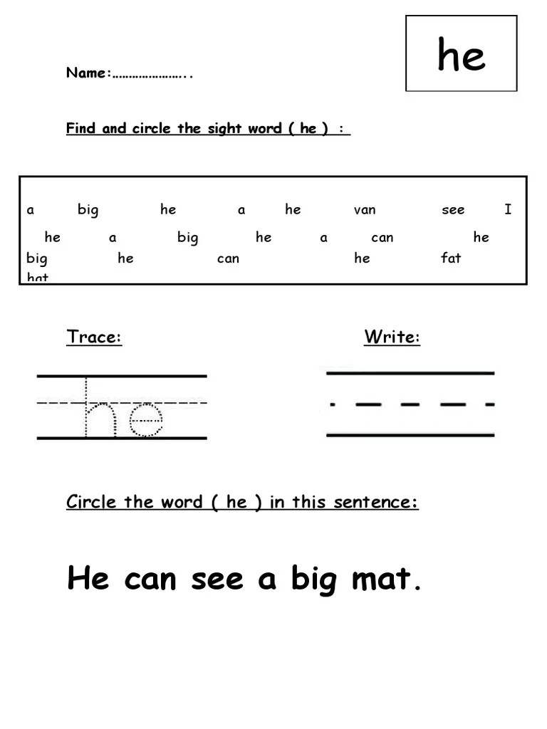 He Sight Word Worksheet PDF