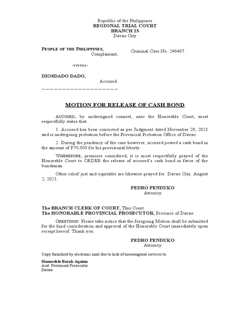 Motion For Release of Cash Bond PDF