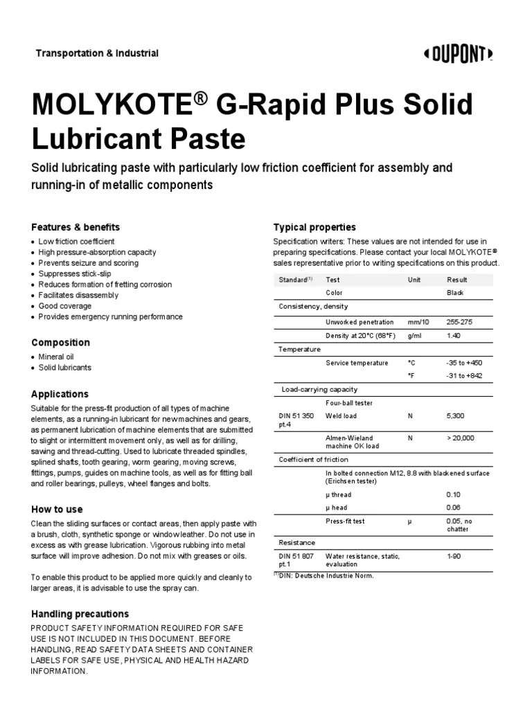 MOLYKOTE® GRapid Plus Solid Lubricant Paste PDF Lubricant Screw