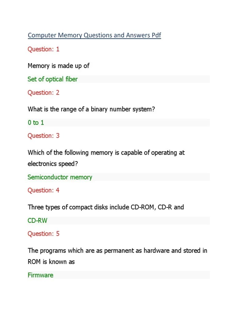 Computer Memory Questions and Answers PDF