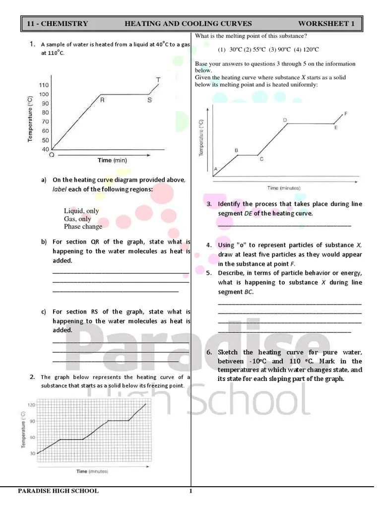 Heating and Cooling Curve Worksheet 1 PDF Melting Point Phase