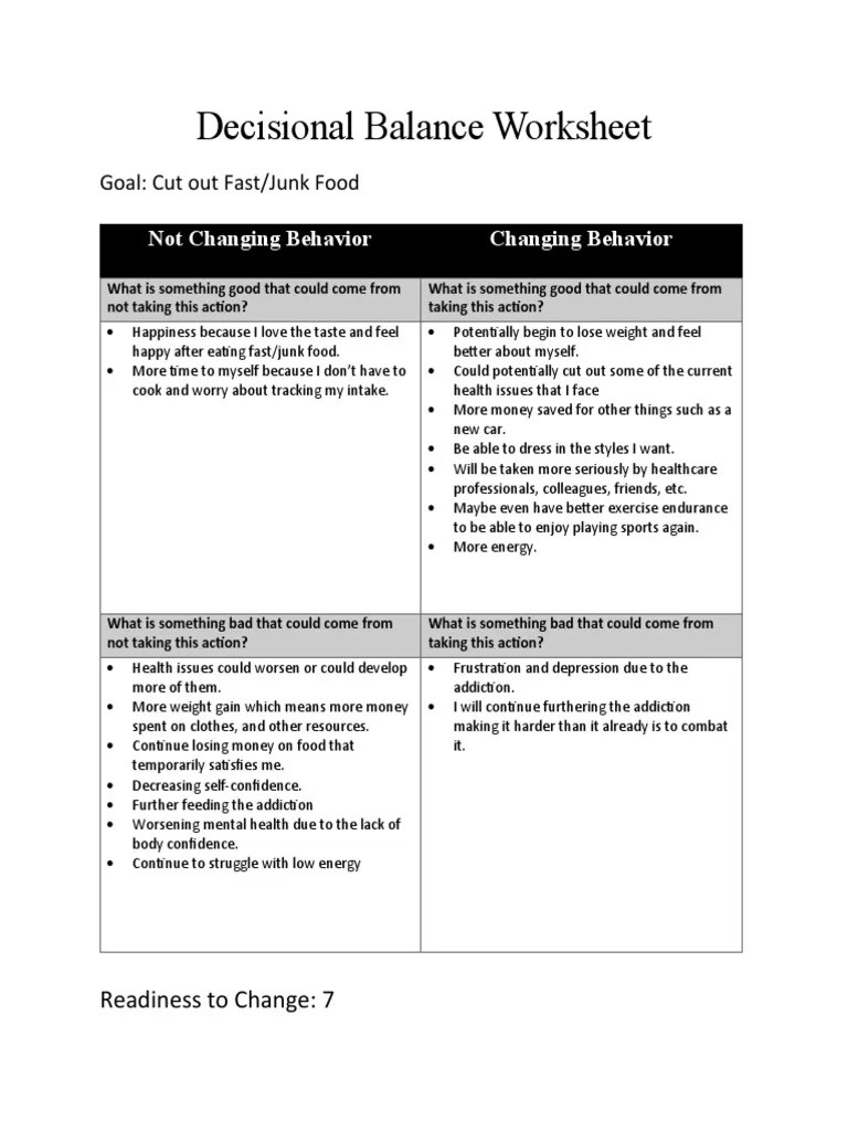 Decisional Balance Worksheet | PDF