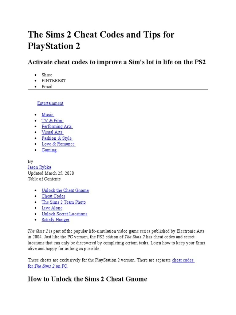 The Sims 2 Cheat Codes and Tips For PlayStation 2 PDF Cheating In Video Games Foods