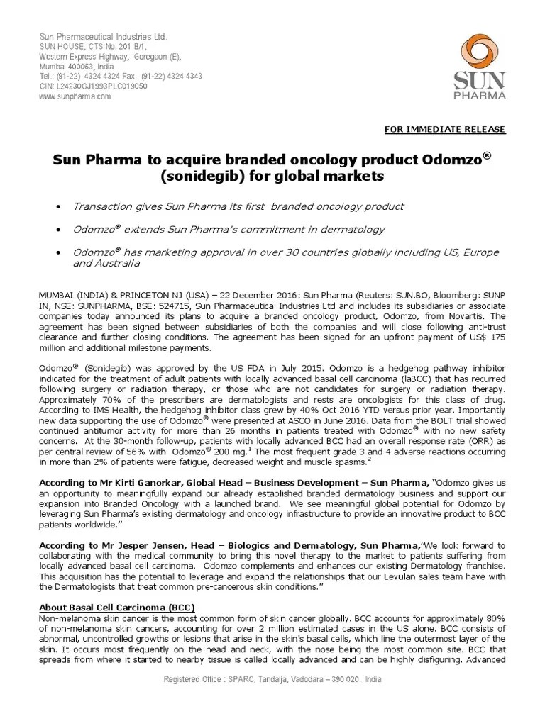 Press Release Sun Pharma To Acquire Branded Oncology Product Odomzo