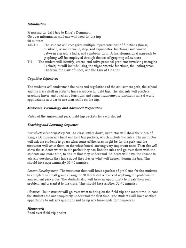 Field Trip Lesson Plan PDF Trigonometric Functions Learning