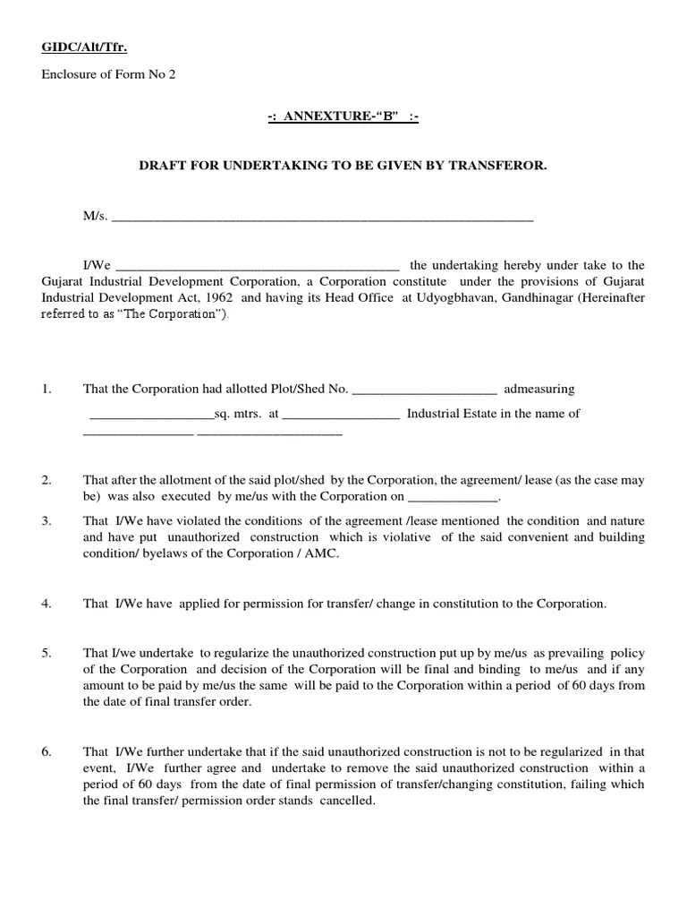 Undertakings For Transfer of Plot PDF License Lease