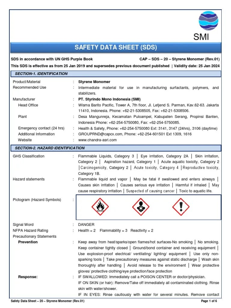 SDS GHS 20 Styrene Monomer (Rev.01) PDF Dangerous Goods Firefighting