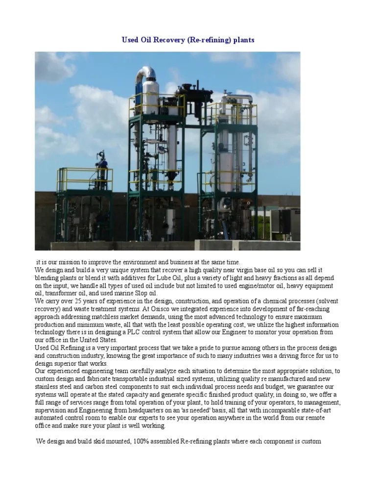 Used Oil Recovery Refining) Plantsprint Fuel Oil