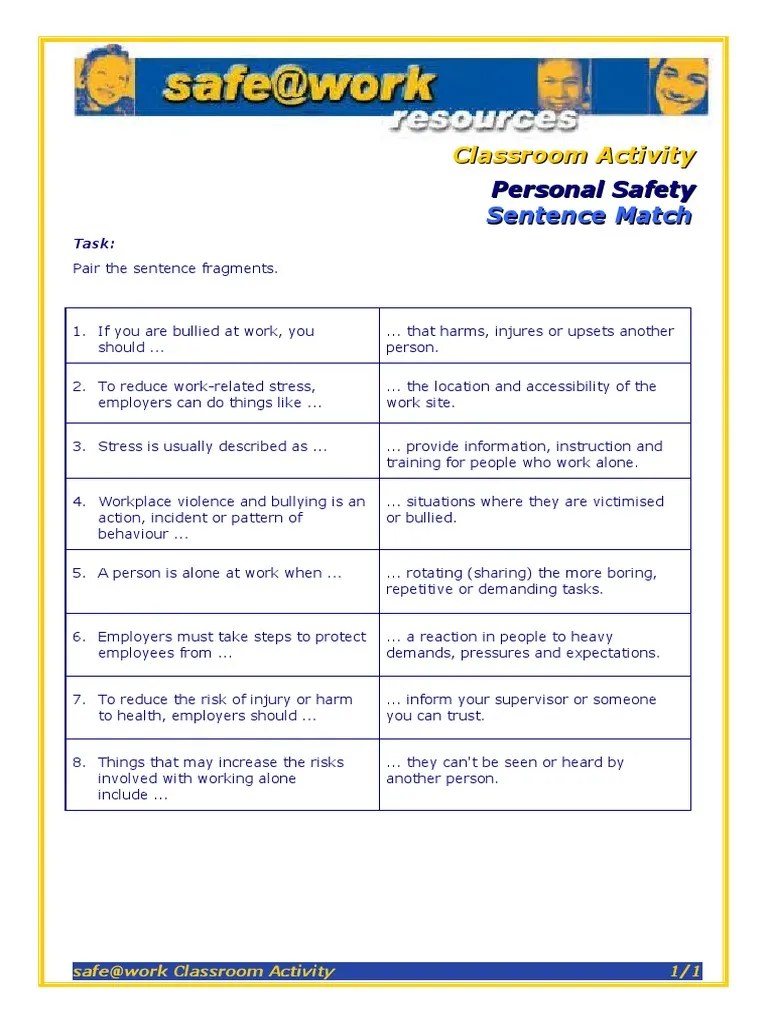 Classroom Activity Personal Safety Sentence Match PDF