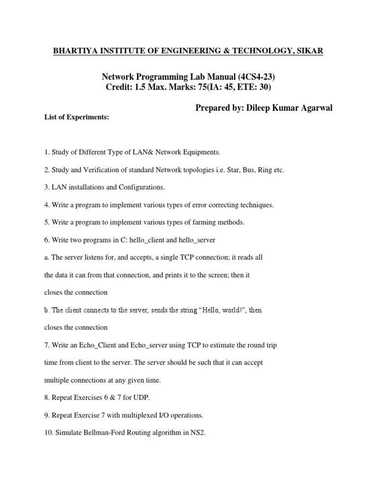 Network Programming Lab Manual (4CS423) Credit 1.5 Max. Marks 75 (IA