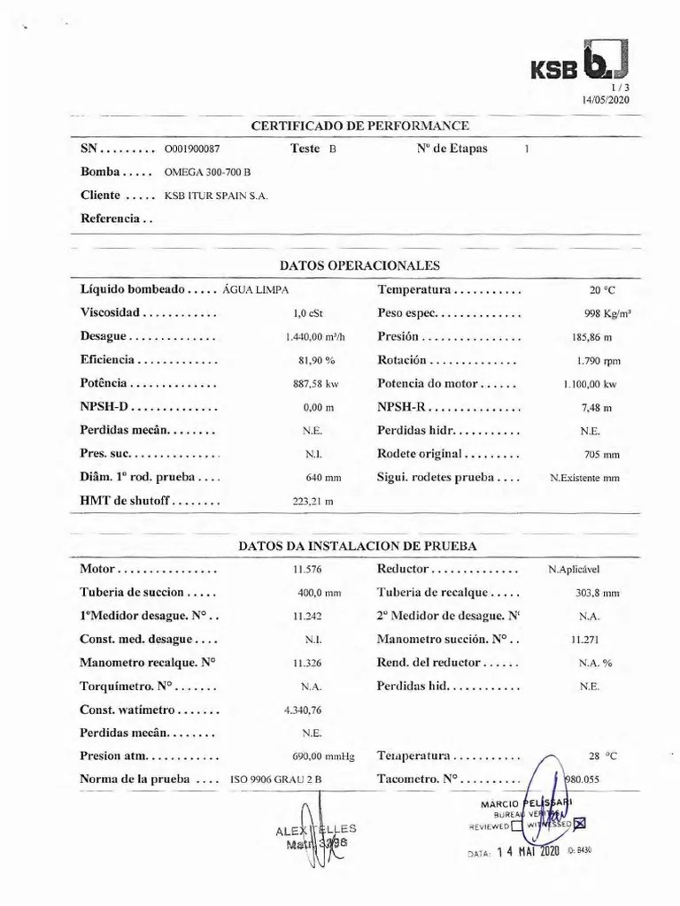 Prueba HidrostaticaKSB OMEGA 300700Serial 00087 PDF Mecánica de