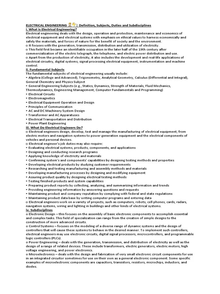 Electrical Engineering Definition, Subjects, Duties and Subdisciplines I. What Is Electrical