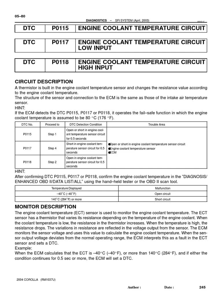 DTC P0115 Engine Coolant Temperature Circuit DTC P0117 Engine Coolant