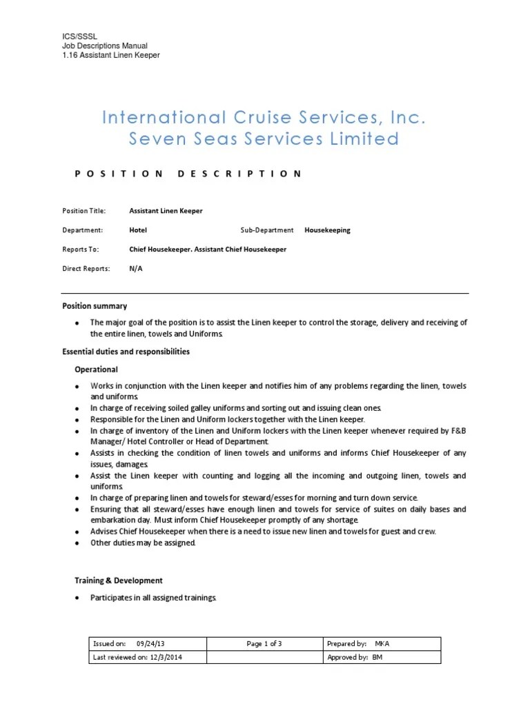 1.16 Asst. Linen Keeper 102414 PDF Cognition