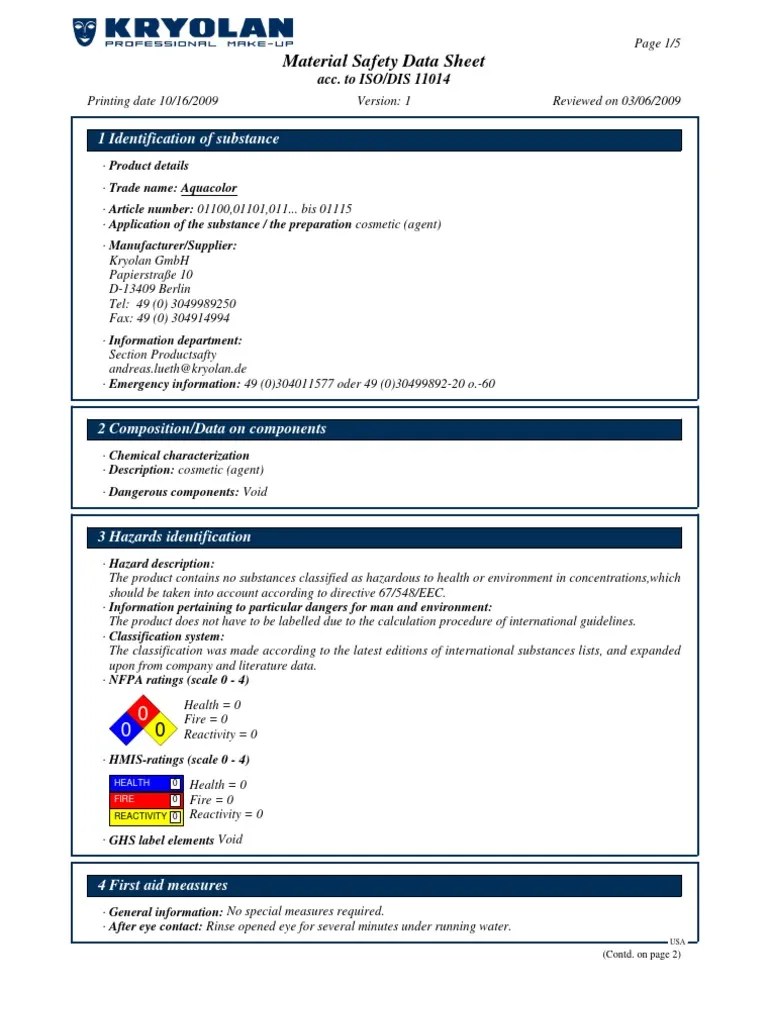 Kryolan MSDS PDF Dangerous Goods Allergy