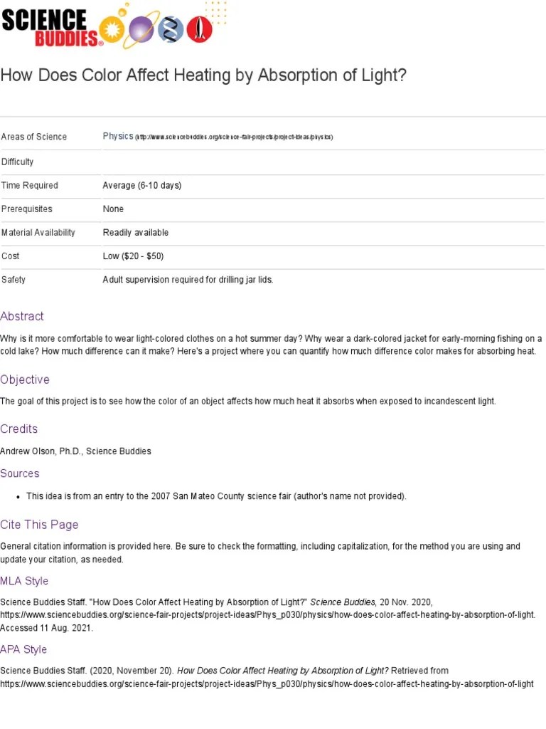 How Does Color Affect Heating by Absorption of Light Science Project