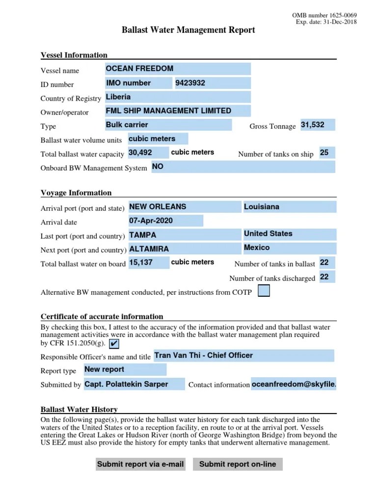 Ballast Water Management Report Vessel Information PDF Volume Port