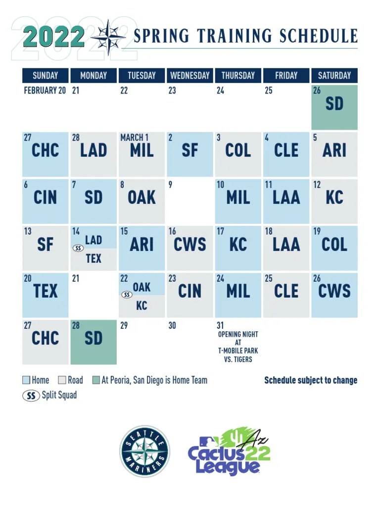 Mariners 2022 Spring Training Schedule PDF