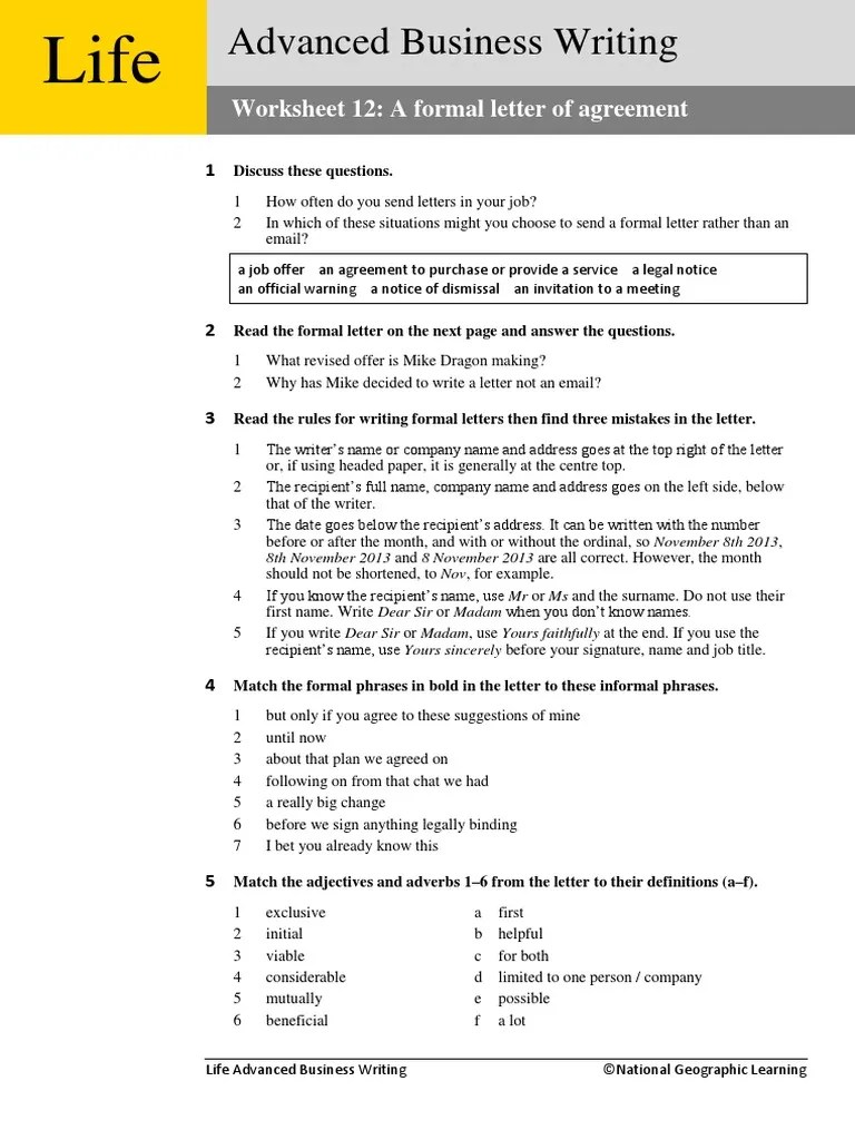 Advanced Business Writing Worksheet 12 A Formal Letter of Agreement PDF Madam