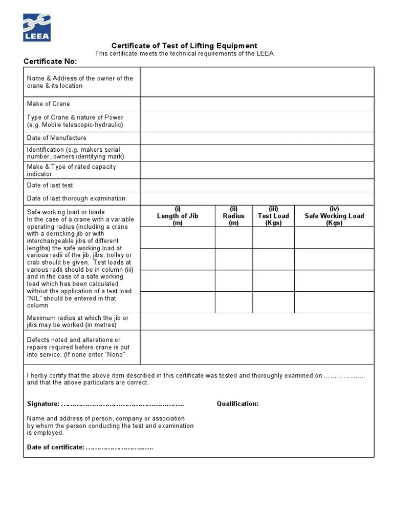 Certificate of Lifting Equipment Test Document Certifying Inspection and Testing of Crane to