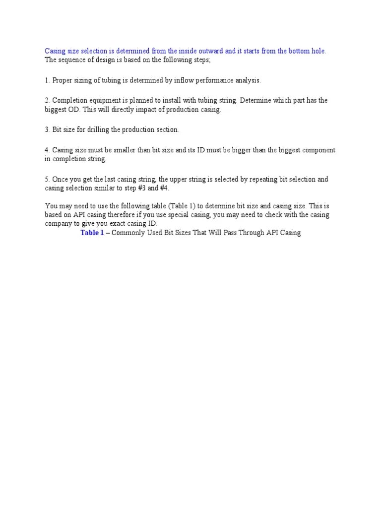 Casing Size Selection Is Determined From The Inside Outward and It