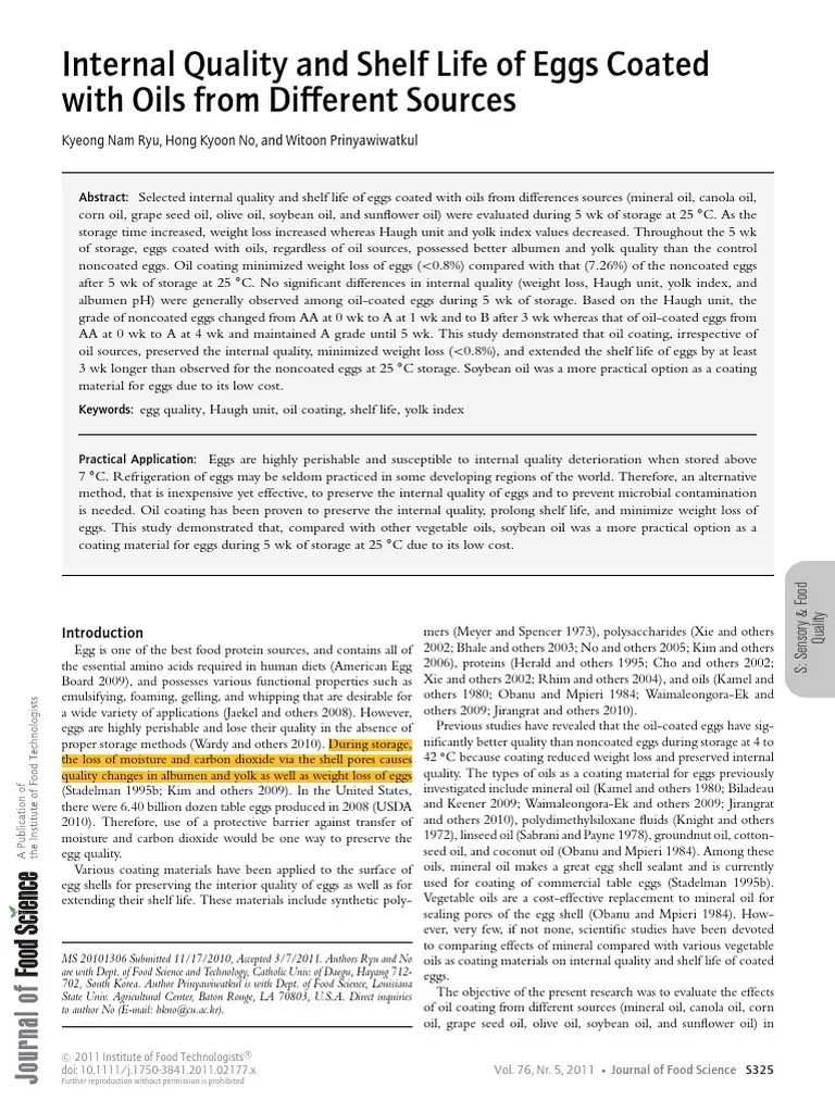 Internal Quality and Shelf Life of Eggs Coatedwith Oils From Different
