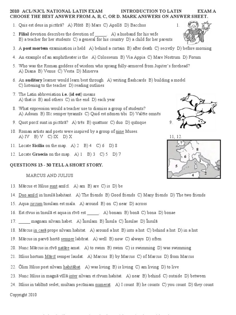 2010 Acl/Njcl National Latin Exam Introduction To Latin Exam A Choose