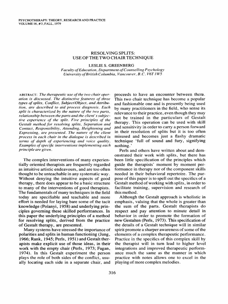 Resolving Splits Use of The Two Chair Technique Leslie S. Greenberg