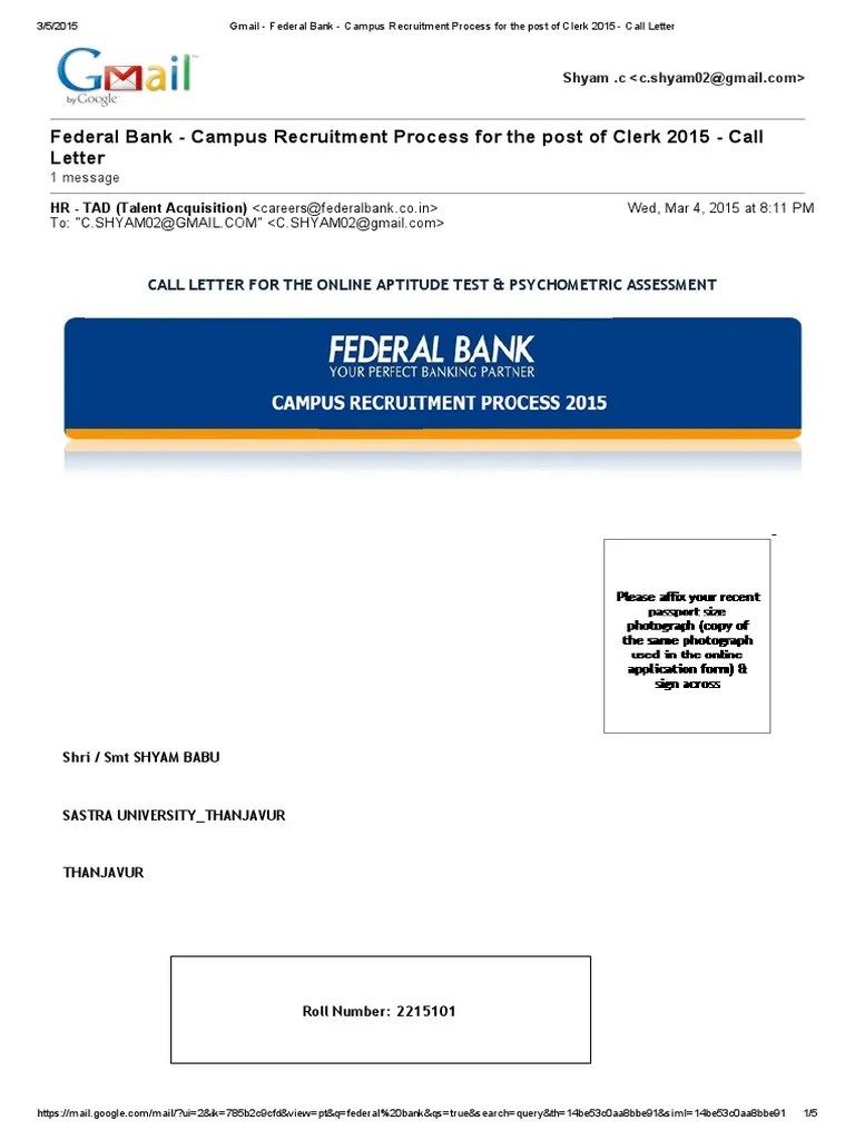 Gmail - Federal Bank - Campus Recruitment Process For The Post of 