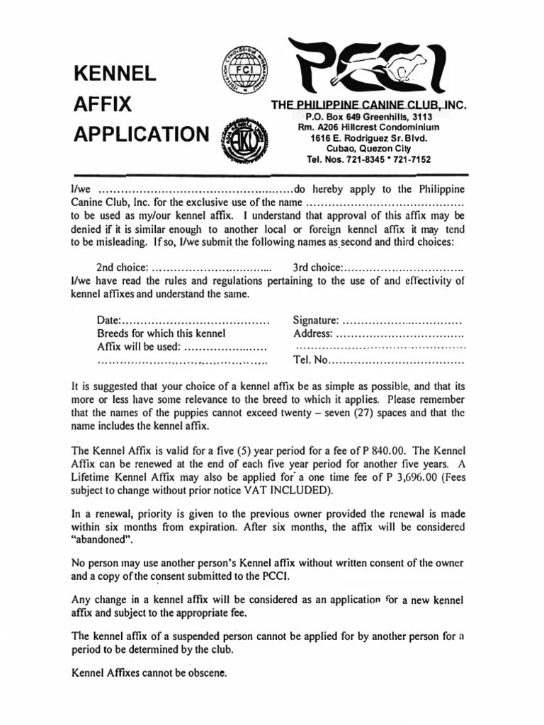 Kennel Affix Application Canine Club, Inc. For The Exclusive Use Ofthe
