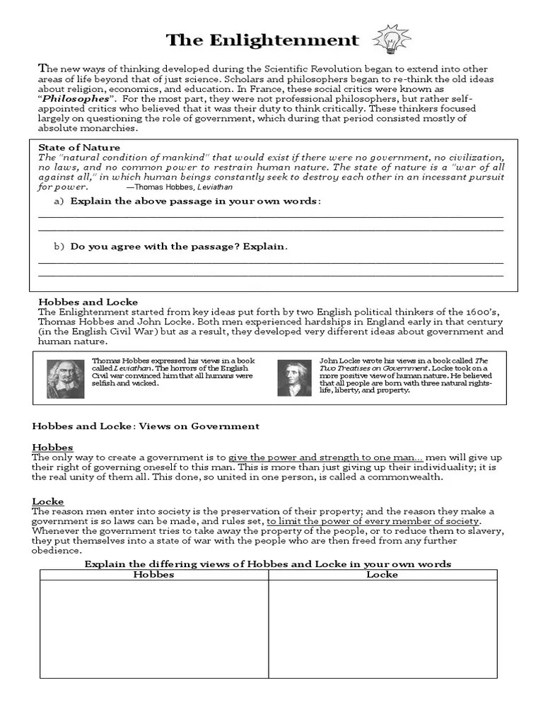 Hobbes and Locke Worksheet PDF John Locke Ethical Principles