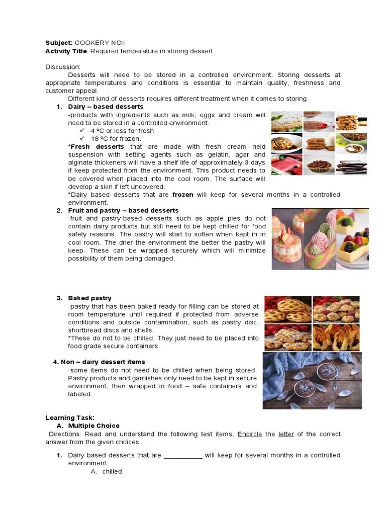 Required Temperature in Storing Dessert PDF Desserts Baking