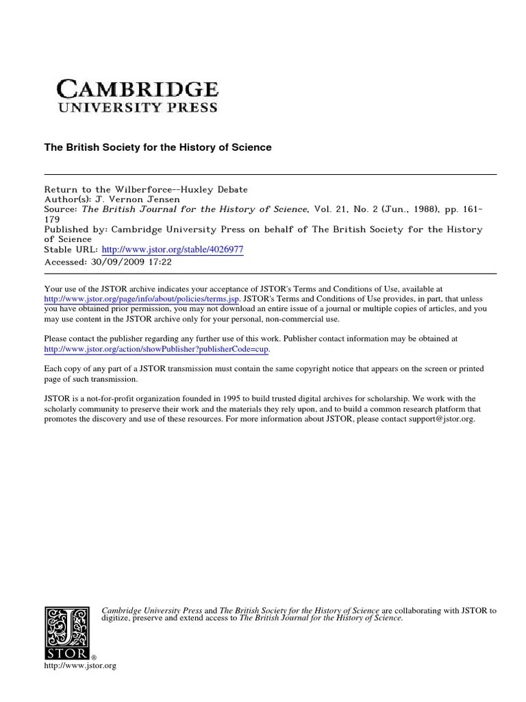 Jense, Return To Wilberforce Debate PDF Thomas Henry Huxley