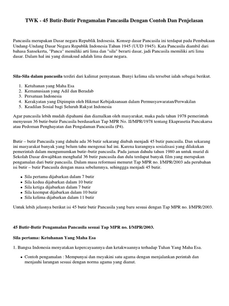 Post Twk 45 Butir Butir Pengamalan Pancasila Dengan Contoh Dan Penjelasan |  PDF