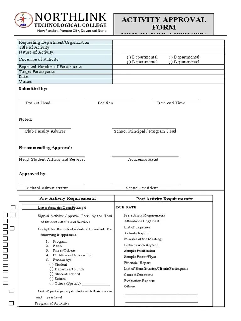 Northlink Activity Approval Form For Clubs Activity PDF